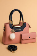 Pink & Navy Blue Rexine Handbag Set with Detachable Strap