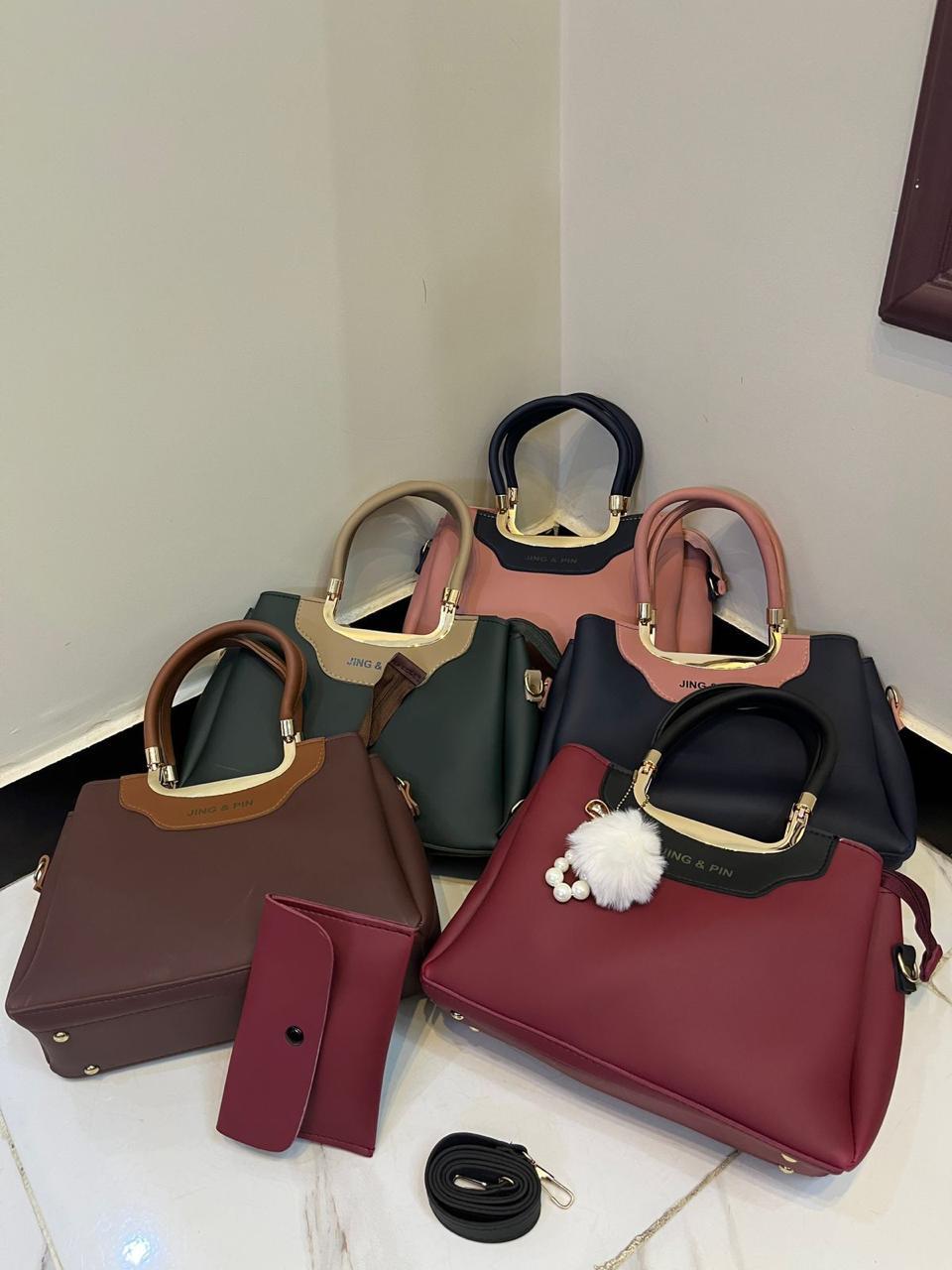 Pink & Navy Blue Rexine Handbag Set with Detachable Strap