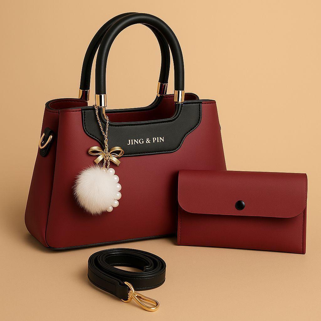 Pink & Navy Blue Rexine Handbag Set with Detachable Strap