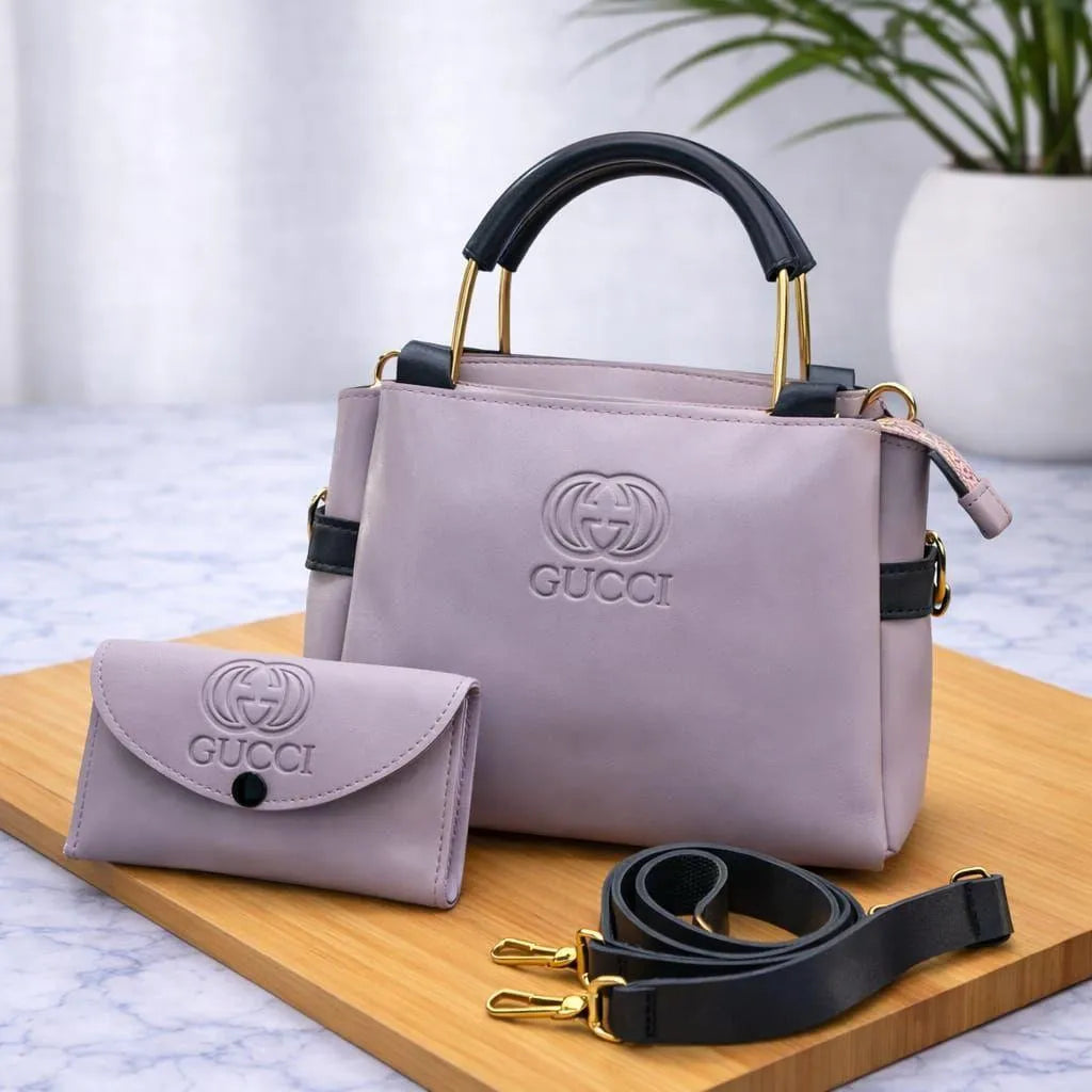 Purple Leather Handbag Set for Women with Wallet